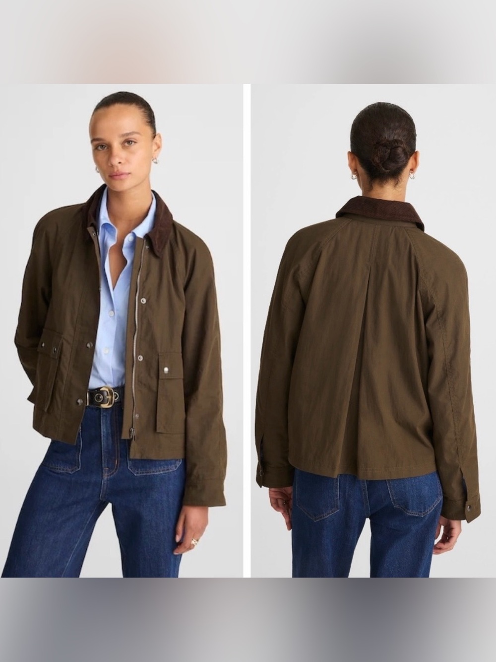 NWT Madewell Waxed Zip-Front Jacket in Trench Green, Corduroy Collar, NW759, L